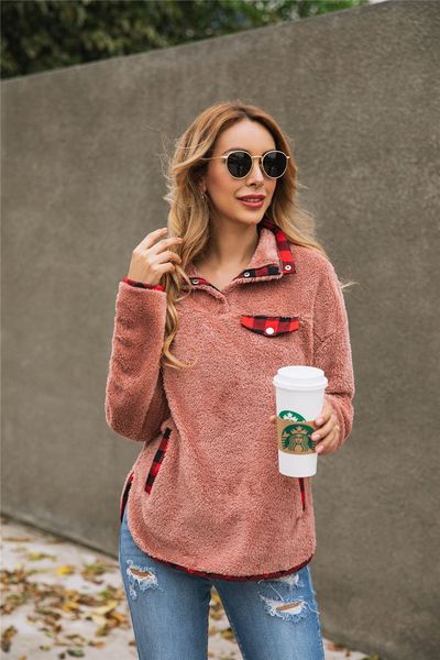 

женские повседневные длинные рукава стенд воротник кнопки карманы флисовый пуловер 2 цвета, Black