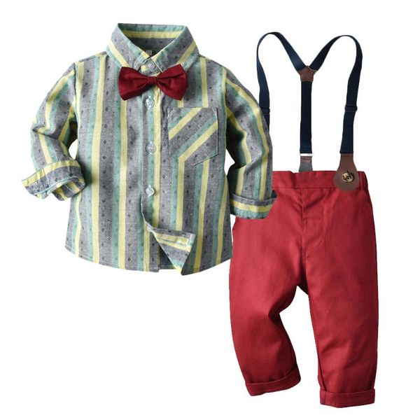 

baby boy clothes boy colorful stripes shirts with overalls fashion gentleman autumn baby sets children christmas sets, White