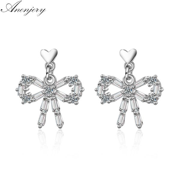 

anenjery literary zircon bow-knot earrings two colors 925 sterling silver earrings for women oorbellen s-e778, Golden;silver