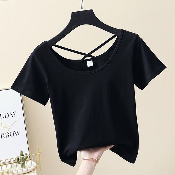 

pure cotton white t-shirt women's summer clothes 2020 slim big neckline low collar u-neck unbacked short sleeve ins fashion coat t-shir