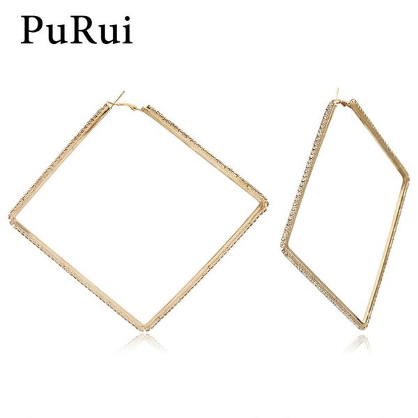 

purui exaggerated crystal hoop earrings rhinestone hyperbole big rectangle geometric statement earrings for women jewelery, Golden;silver