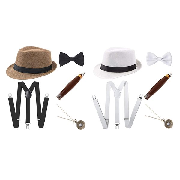 

2 sets vintage men party costume fancy fedora watch cigar bow tie, Black