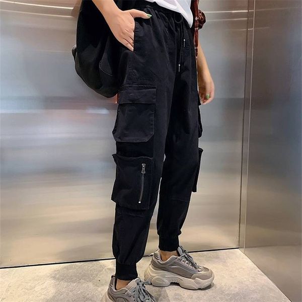 

autumn women cargo pants hip hop trousers bf harajuku joggers high waist overalls loose casual pants black with pockets, Black;white