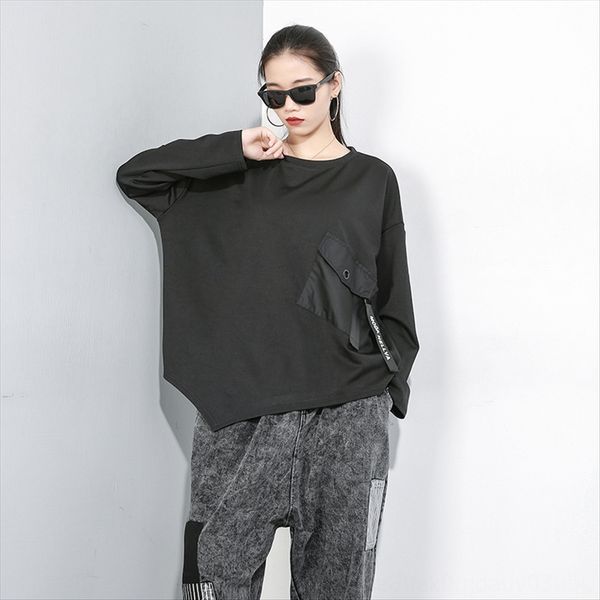 

2019 pullover autumn clothes solid color stitching pullover t-shirt fashion brand long sleeve irregular design 19-9139, White