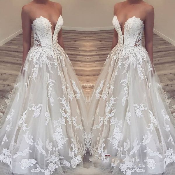 

elegant sheer sweetheart lace 2019 wedding dresses see though side lace appliques princess bridal gowns custom made sweep train, White