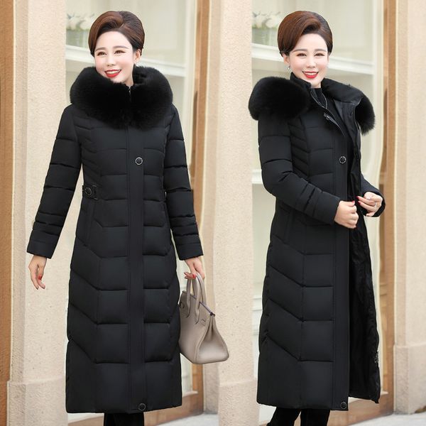 

winter mother down jacket cotton coat middle female warm windbreaker long hooded solid color jacket thick windproof coat, Tan;black