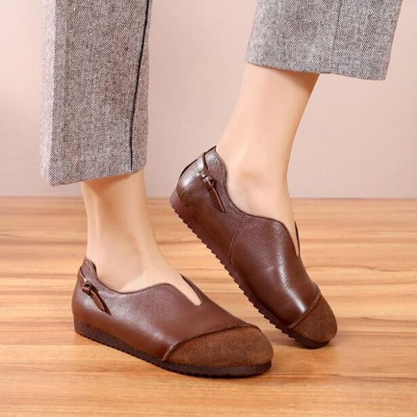 

2019 new soft comfort splice cowhide leather shoes woman loafers shoes flat soft bottom retro driving fashion casual flats cs10, Black
