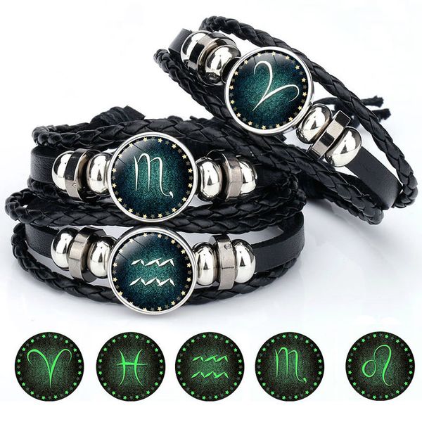 

12 constellation luminous bracelet men leather bracelet charm bracelets for men boys women girl jewelry accessories gifts, Golden;silver