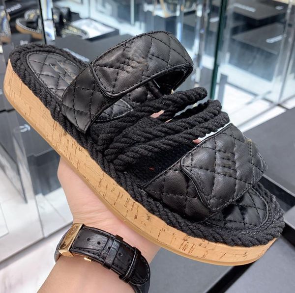 

women fashion leather luxury sandals flat slides heel beach shoes with box, Black