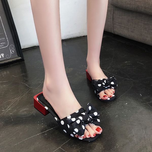 

women sandals fashion dot print feminino summer beach slippers 2020 new sweet bowknot high heels casual shoes women size 35-40, Black