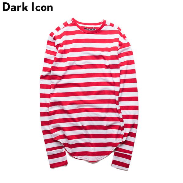 

striped hip hop t -shirt men long sleeve wrist hole 2017 spring basic extended urban tshirt men curved hem kpop men 's tee shirt, White;black