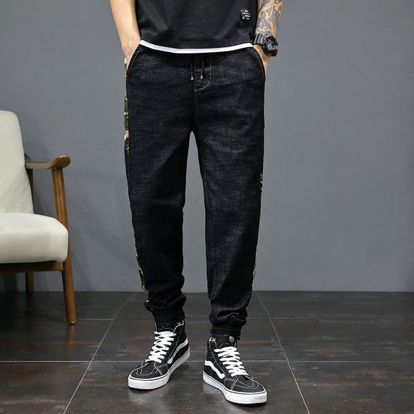 

men's jeans fashion streetwear men loose fit size 28-46 vintage black denim cargo pants camouflage spliced hip hop joggers, Blue