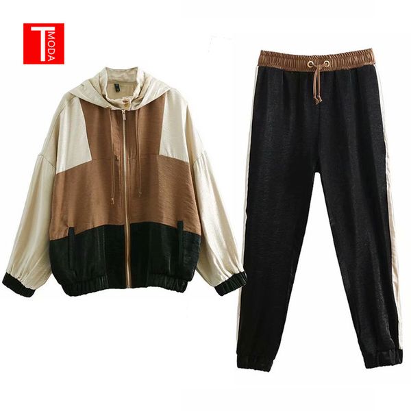 

set female vintage brown contrast color baseball bomber pullover jacket women and pencil jogging pants suits two piece sets, White