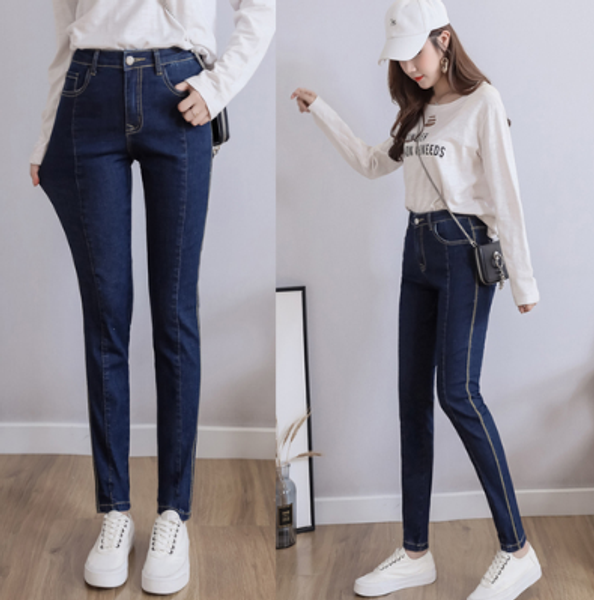 

jeans woman spring new high waist plus size full length skinny pencil denim trousers for women 100kg, Blue