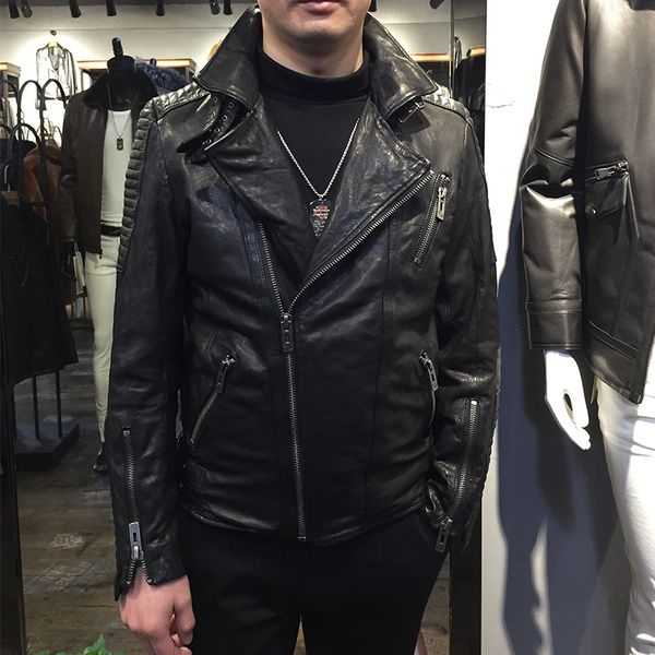 

fashion sheepskin moto biker natural leather jacket mens stand collar zippers pockets jacket solid black short real leather coat