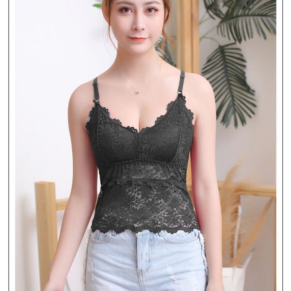 

women lace strap wrapped chest padded push up v-neck hollow bra vest, Black;white