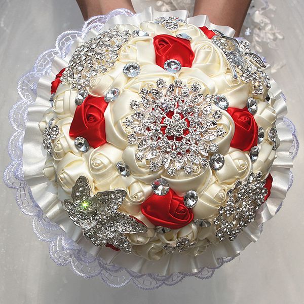 Ivory Red White Lace Wedding Bouquets Satin Lace Ribbon Pearls