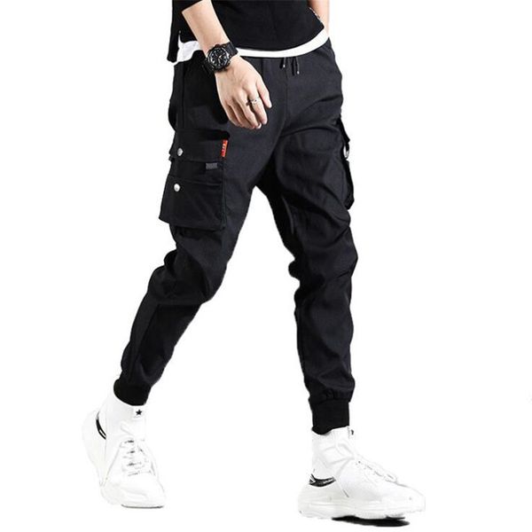 

hip hop men pantalones hombre high street kpop casual cargo pants with many pockets joggers modis streetwear trousers harajuku, Black