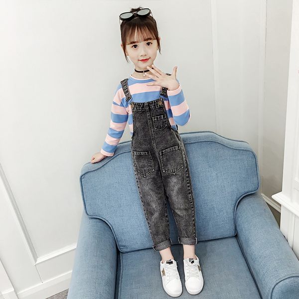 

girls clothes striped t-shirt + overalls children boutique clothing set kids outfits 2019 fall autumn 4 to 13 years, White