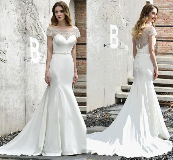 

modest short sleeves mermaid wedding dresses scoop neck lace appliques sweep train bridal gowns wedding dress robe de mariee brautkleide, White