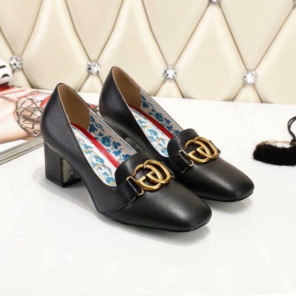 

2019 letter metal buckle low heel shoes genuine leather woman casual thick heels dress shoes with box, Black