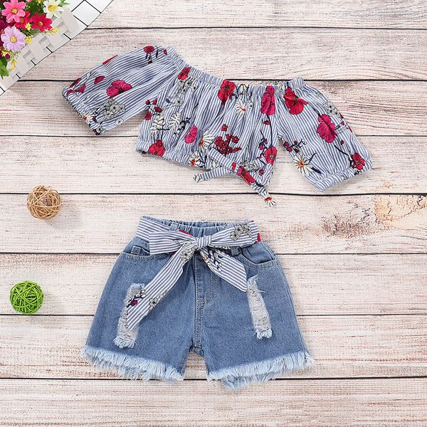 Baby Girls Roupas Set Floral Striped Off Tops + Denim Shorts Jean ToDdler pano conjuntos vetement encante fille