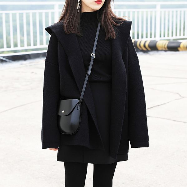 

2019 black short knitting hooded cardigan woman casual loose coat