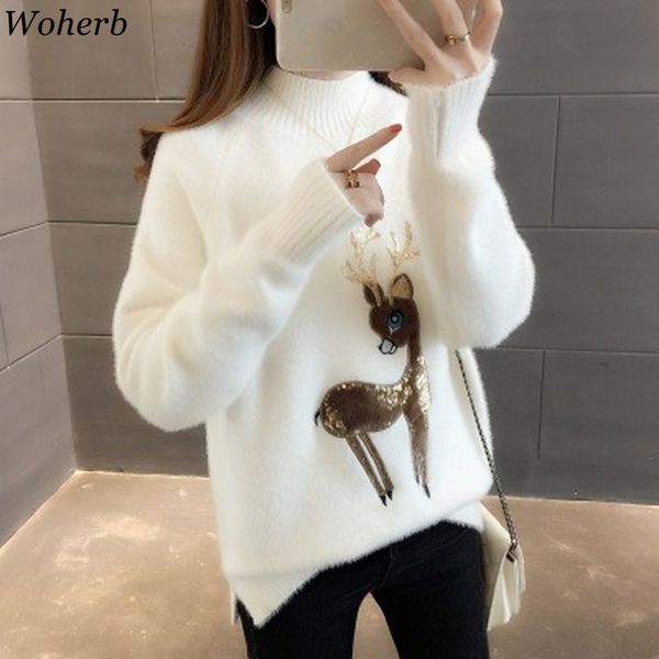 

woherb водолазка пуловер свитер женщины рождество jumper 2019 мультфильм олень sequined патч симпатичные свитера осень зима outwear, White;black