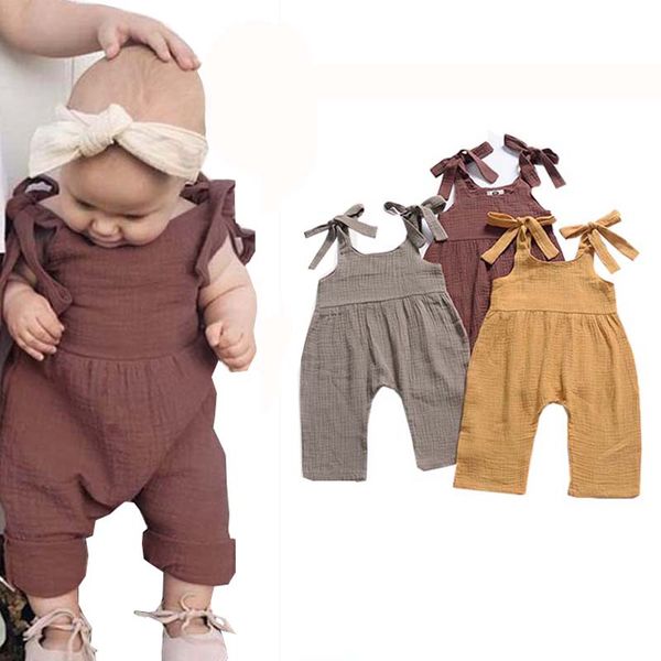 

2020 style newborn cute baby girl summer linen sleeveless belt three colors romper jumpsuit sunsuit 0-3 y, Blue
