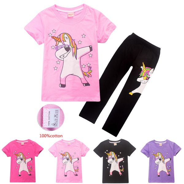 

100% cotton 4-12t kids girls boys unicorn printed t-shirt + trousers 2 piece sets cartoon kids clothing sets kids designer clothes dhl ss93, White