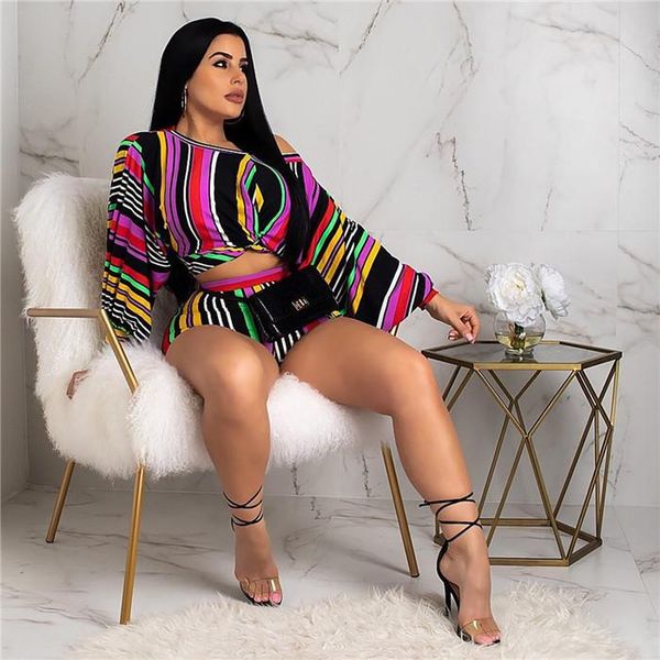 

girls striped slash neck pub suit puff sleeve dew waist 2pcs women two piece summer outfits, White