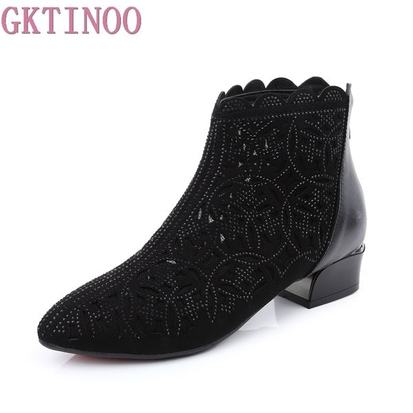 

gktinoo women boots cow suede ankle boots lace summer zapatos chaussures femme square high heel women shoes, Black