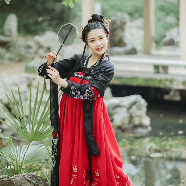 

new traditional hanfu female fairy embroidery dress ancient improve chinese tang suit costume stage performance costumes dwy1912, Black;red