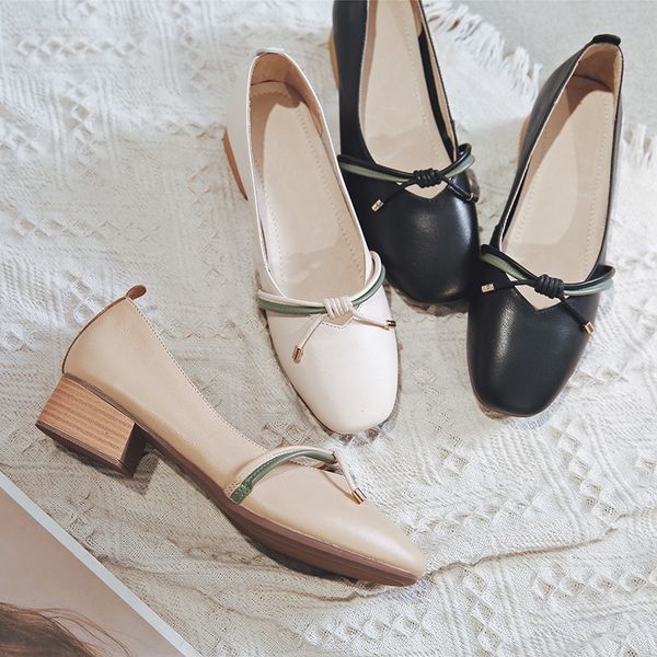 

coarse with single shoe woman 2020 fund concise sen woman small leather shoes shallow mouth genuine leather women's shoes, Black