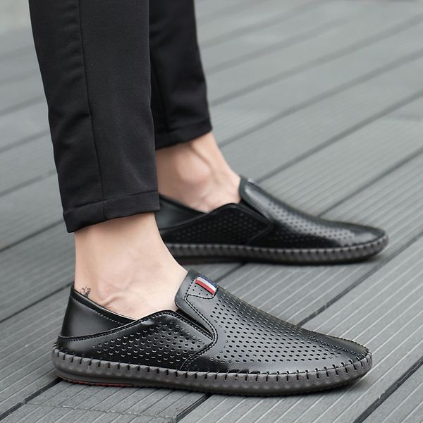 

genuine leather men hollow out punched casual shoes lazy loafers moccasins breathable slip on driving shoes plus, Black