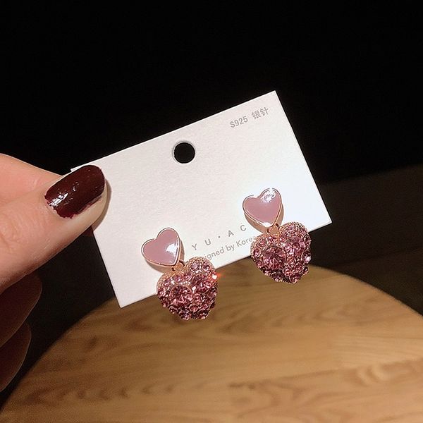 

2020 new korean style pink crystal heart dangle earrings for women cute small earrings girl female simple fashion jewelry, Silver