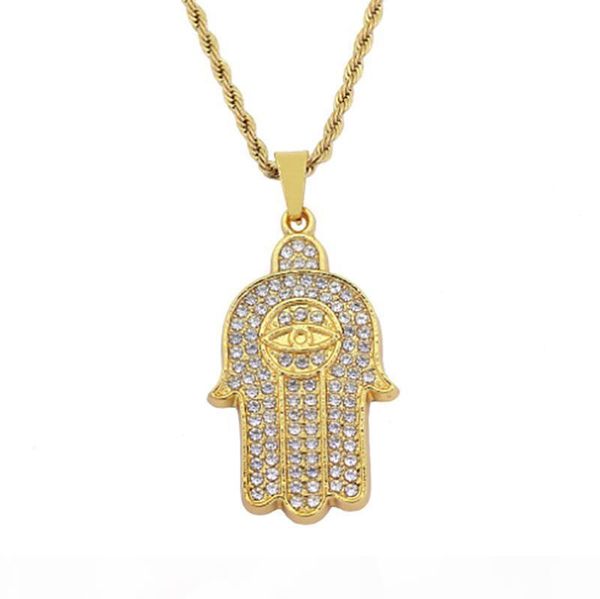 

K Hip Hop Hamsa Hand Of Fatima Lucky Evil Eye Protection Amulet Crystal Pendant Necklace 24inch Rope Chain2