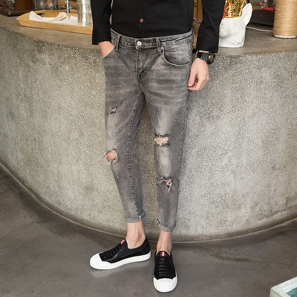 

2019 spring new hole jeans male korean version of the tide casual wild stretch slim feet nine points jeans men, Blue
