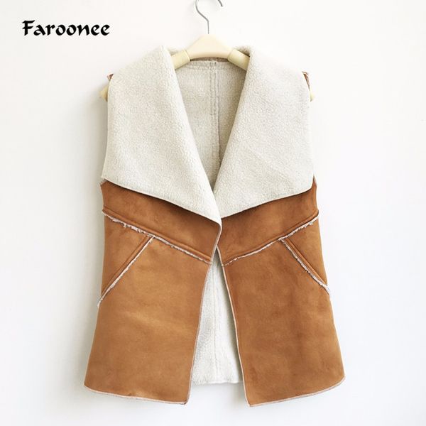 

faroonee spring women suede leather faux fur herringbone vest jacket lady fall sleeveless open front fake fleece wasitcoat, Black;white