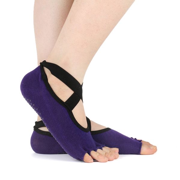 

new 1 pair open toe women cross belt anti slip cotton finger-separated yoga socks ladies sport pilates socks ballet dance, Black