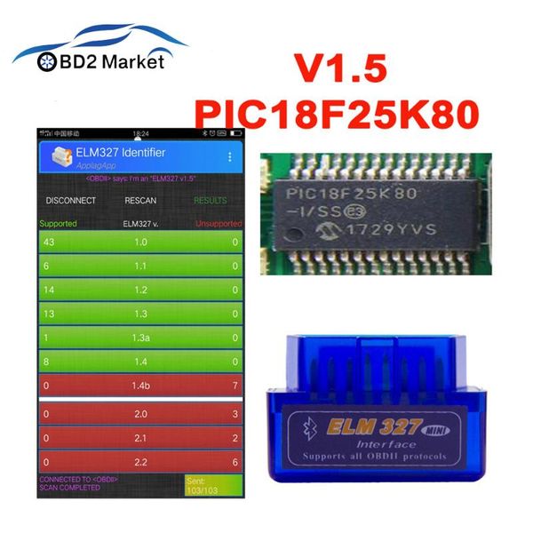 

mini elm327 v1.5 pic18f25k80 obd2 bluetooth diagnostic tool elm 327 v1.5 car diagnostics scanner double chip for obdii protocol