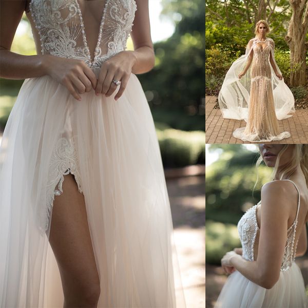 

naama a line wedding dress spaghetti sleeveless tulle lace applique backless pearls split wrap wedding gowns floor length robe de mariÃ©e, White