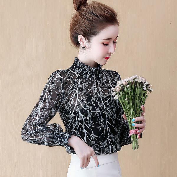

2019 fashion blouse office elegant lady chiffon female spring autumn stand collar long flare sleeve star print print shirt, White