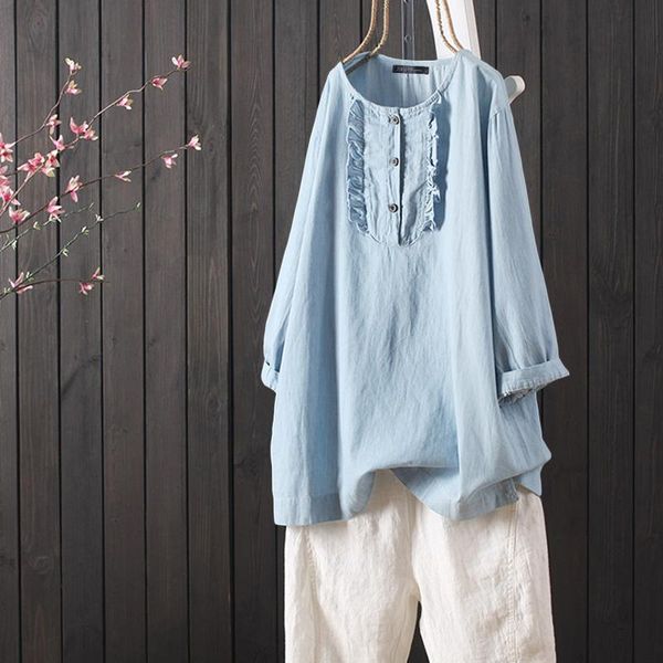 

2020 zanzea women's ruffle blouse fashion shirts autumn casual long sleeve shirts female button blusas plus size cotton tunic, White
