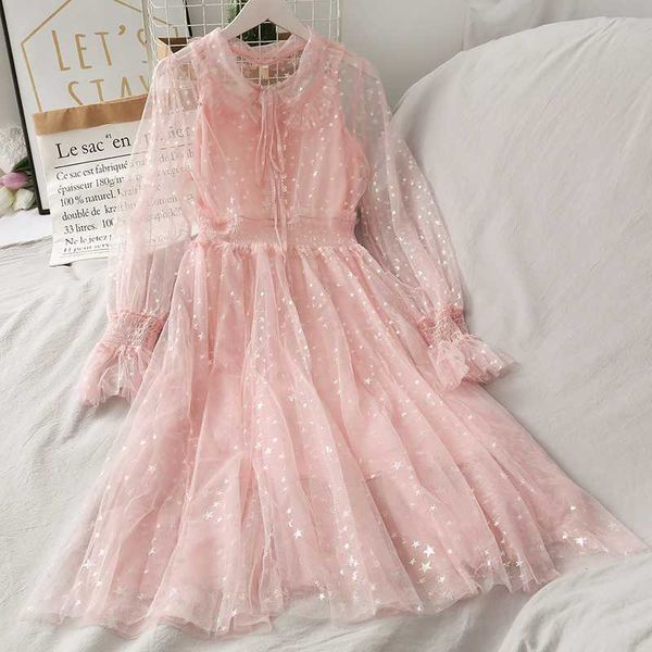 

casual dresses zcwxm 2pc mesh elegant women dress spring solid korean high waist vestidos lace sequined bow 2021 summer, Black;gray