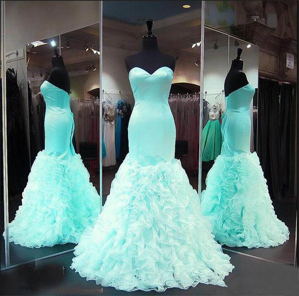 

Sweetheart Satin Ruffles Organza Formal Prom Gowns Seniors Evening Dresses Custom Made Mint Mermaid Prom Dresses