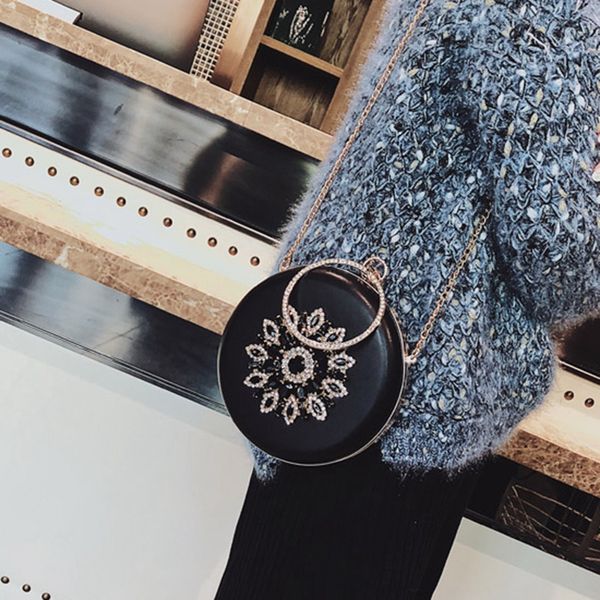 

round evening clutch diamond sunflower party bag, chain clutch black