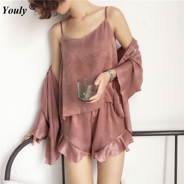

3 piece pajamas set women sleep lounge women 2019 summer satin sleepwear casual pyjama femme indoor homewear pajamas set, Black;red