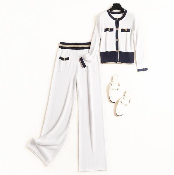 

european and american women's winter 2019 new style single-breasted sweater with long sleeves trousers fashion knitted suit, White