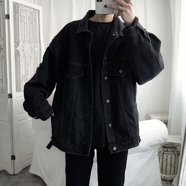 

ewq 2019 new men oversized loose denim jackets men casual fashion long sleeve denim coat spring jean jacket for male hd374, Black;brown